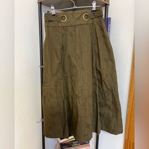 Anthropologie Olive Green Tiered Midi Skirt with Grommet Detail